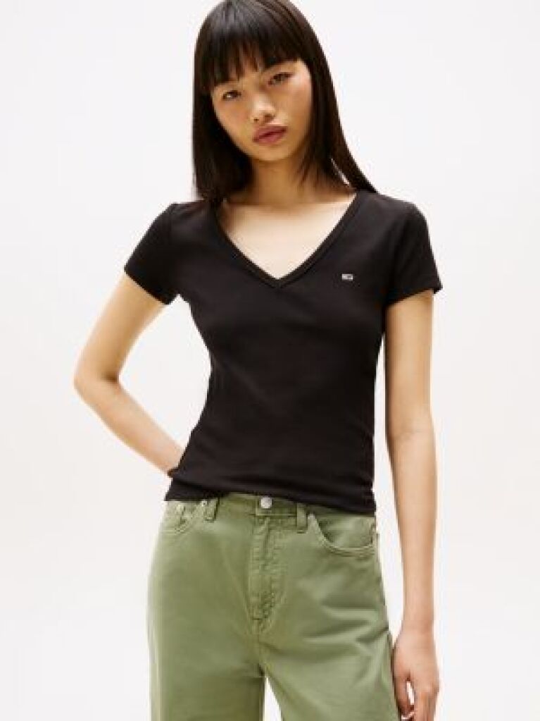 Black Essential V-Neck Slim Fit T-Shirt  Women