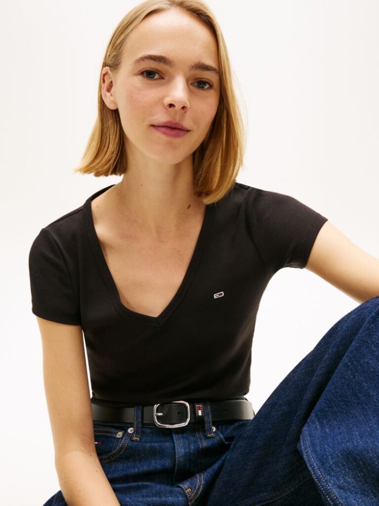 Black Essential V-Neck Slim Fit T-Shirt  Women