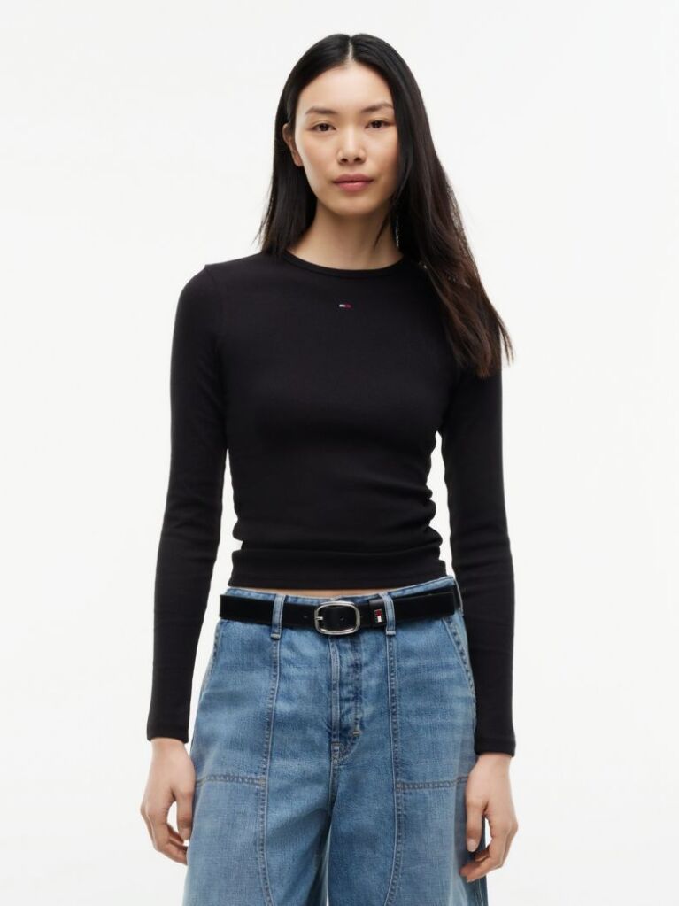 Black Ribbed Slim Long Sleeve T-Shirt  Women