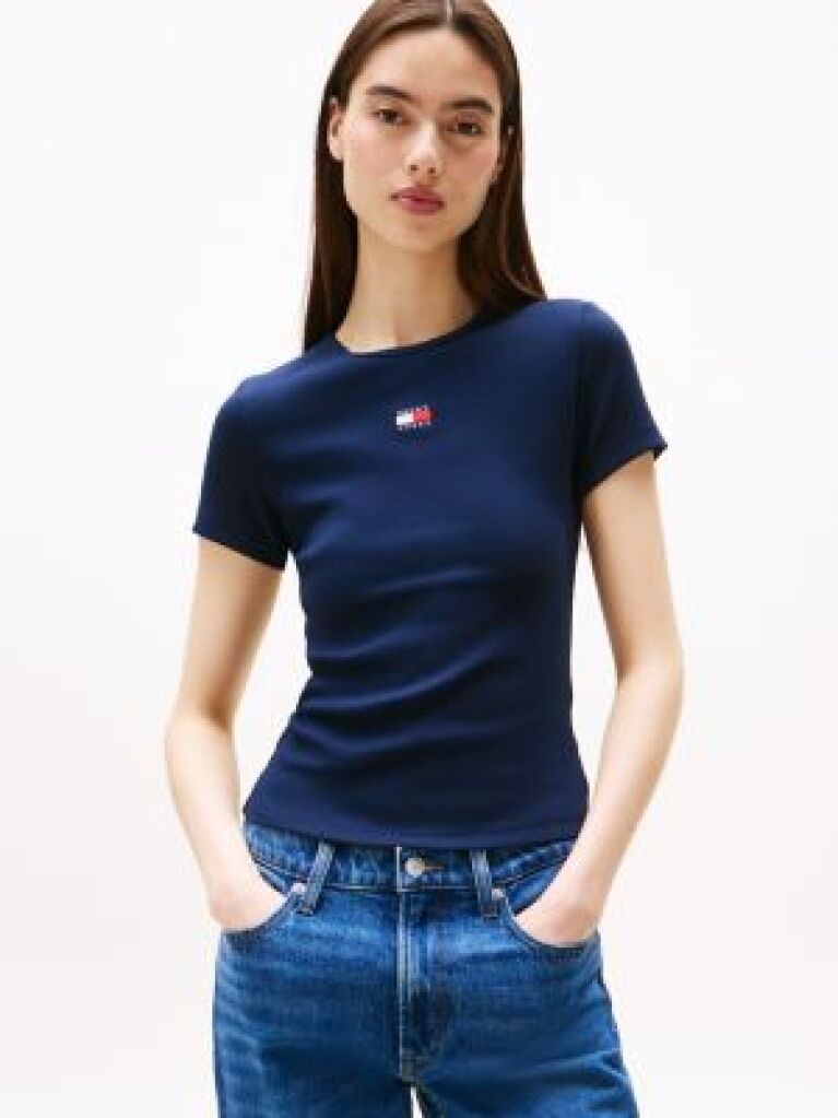 Blue Tommy Badge Ribbed Slim T-Shirt  Women