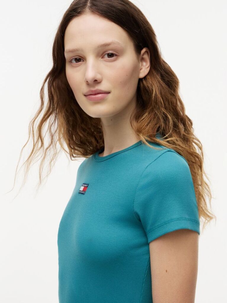 Blue Tommy Badge Ribbed Slim T-Shirt  Women
