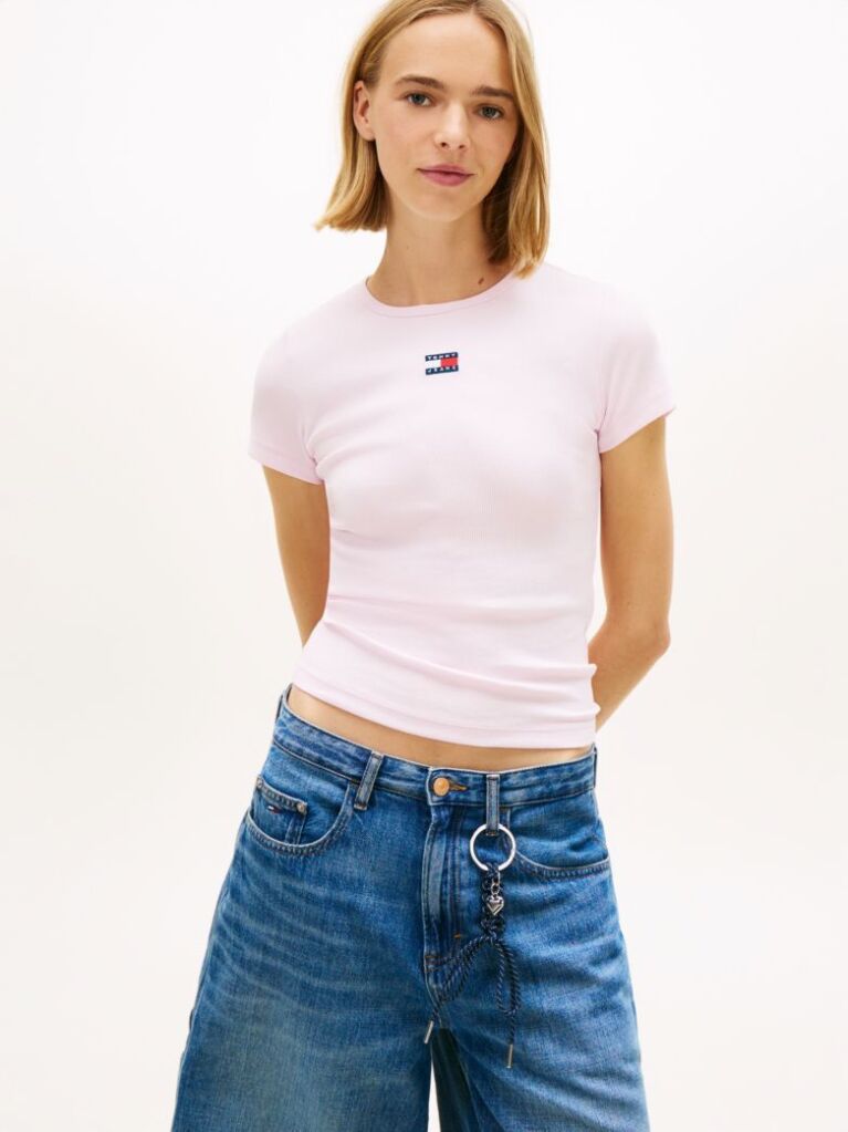 Pink Tommy Badge Ribbed Slim T-Shirt  Women