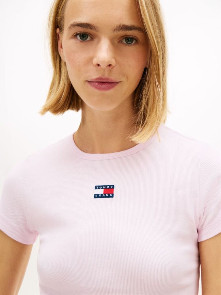 Pink Tommy Badge Ribbed Slim T-Shirt  Women