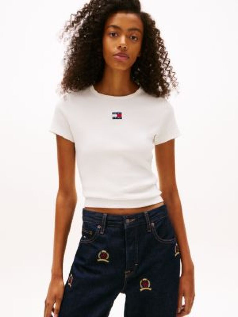 Beige Tommy Badge Ribbed Slim T-Shirt  Women