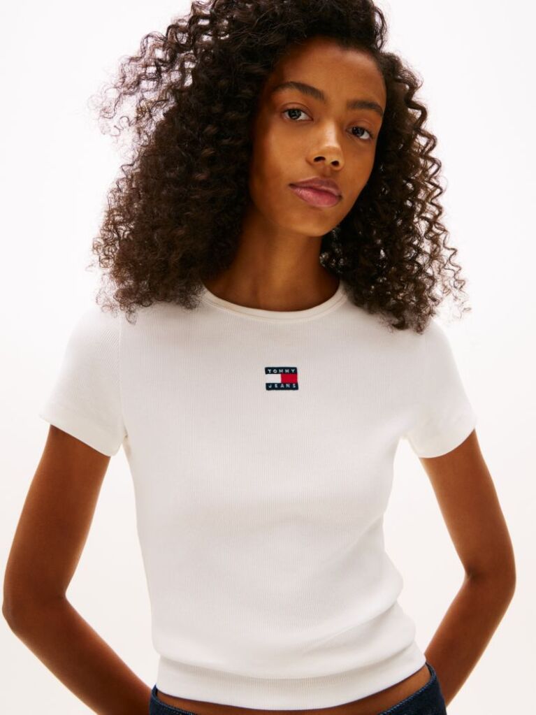 Beige Tommy Badge Ribbed Slim T-Shirt  Women