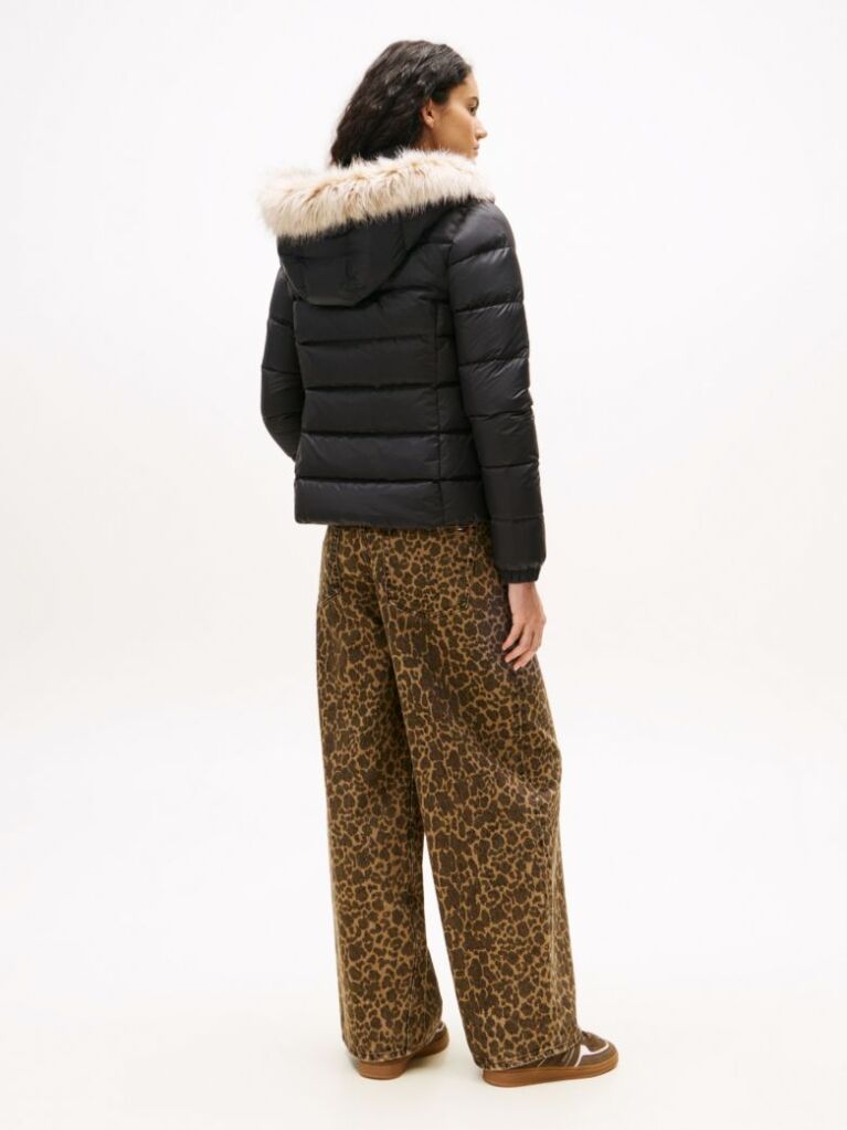Black Faux Faur Hooded Down-Filled Fitted Jacket  Women