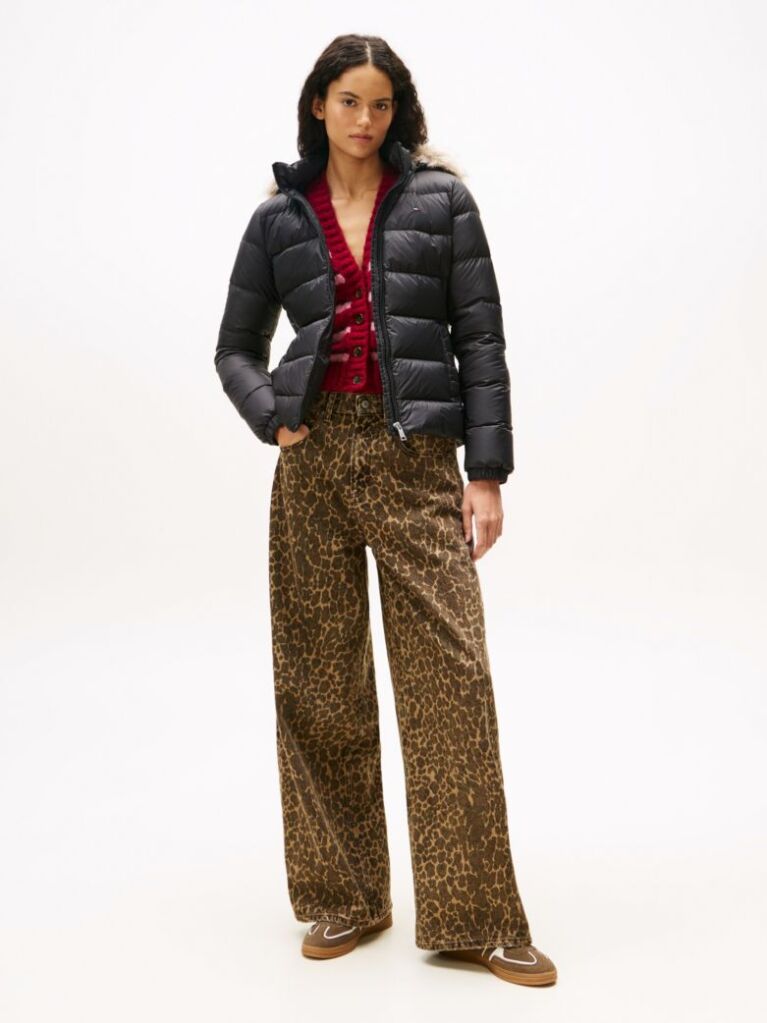 Black Faux Faur Hooded Down-Filled Fitted Jacket  Women