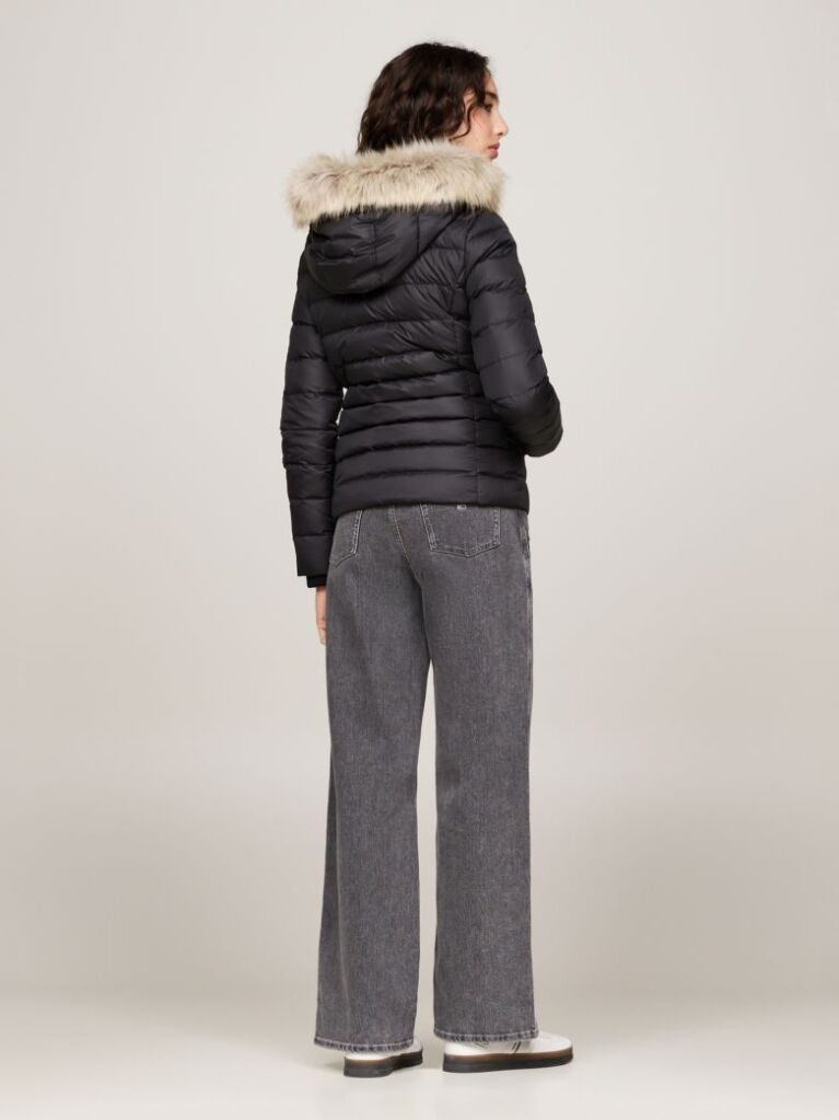 Black Faux Faur Hooded Down-Filled Fitted Jacket  Women