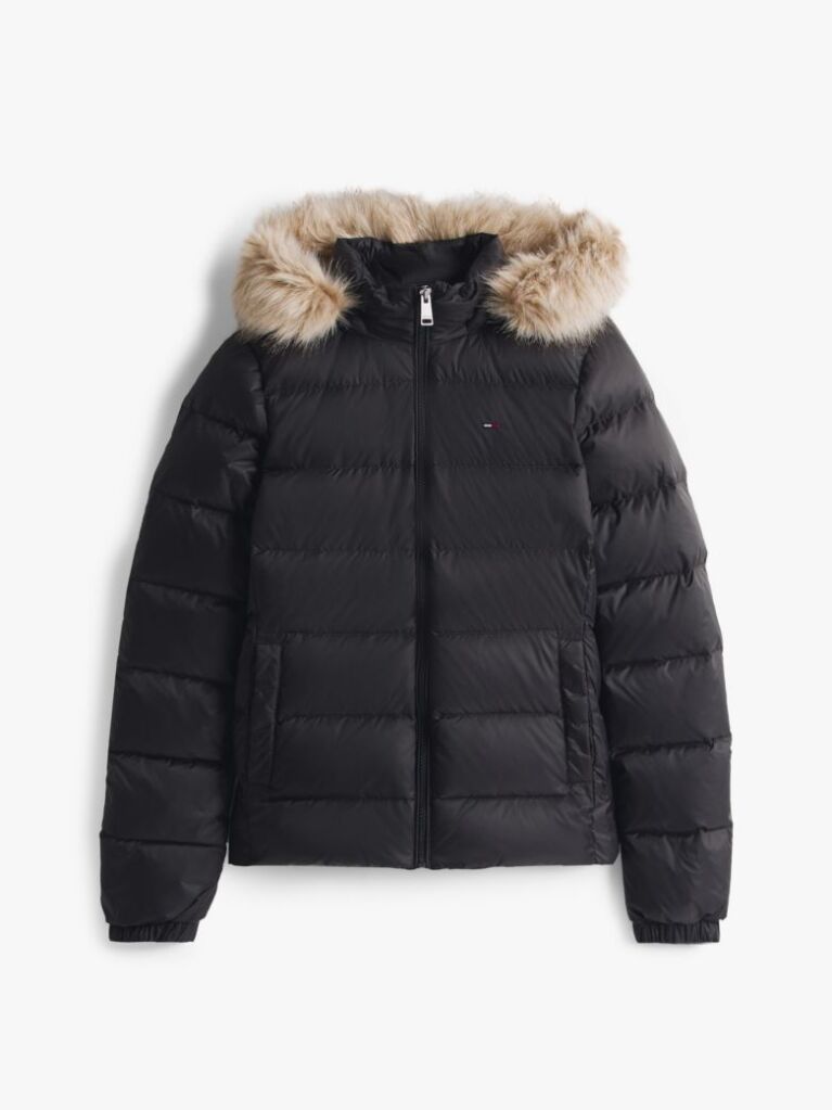 Black Faux Faur Hooded Down-Filled Fitted Jacket  Women