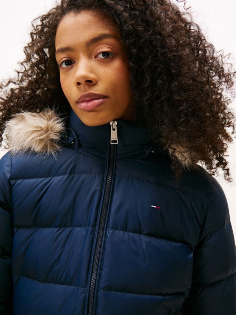 Blue Faux Faur Hooded Down-Filled Fitted Jacket  Women