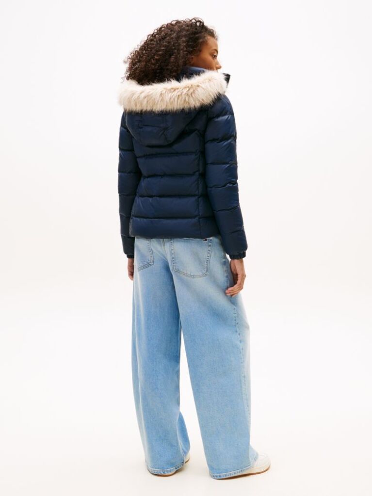 Blue Faux Faur Hooded Down-Filled Fitted Jacket  Women