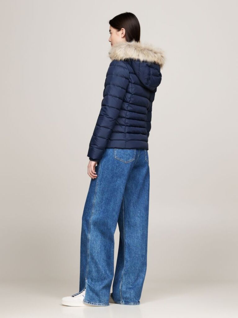 Blue Faux Faur Hooded Down-Filled Fitted Jacket  Women