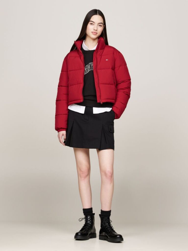 Red Zip-Thru Cropped Puffer Jacket  Women