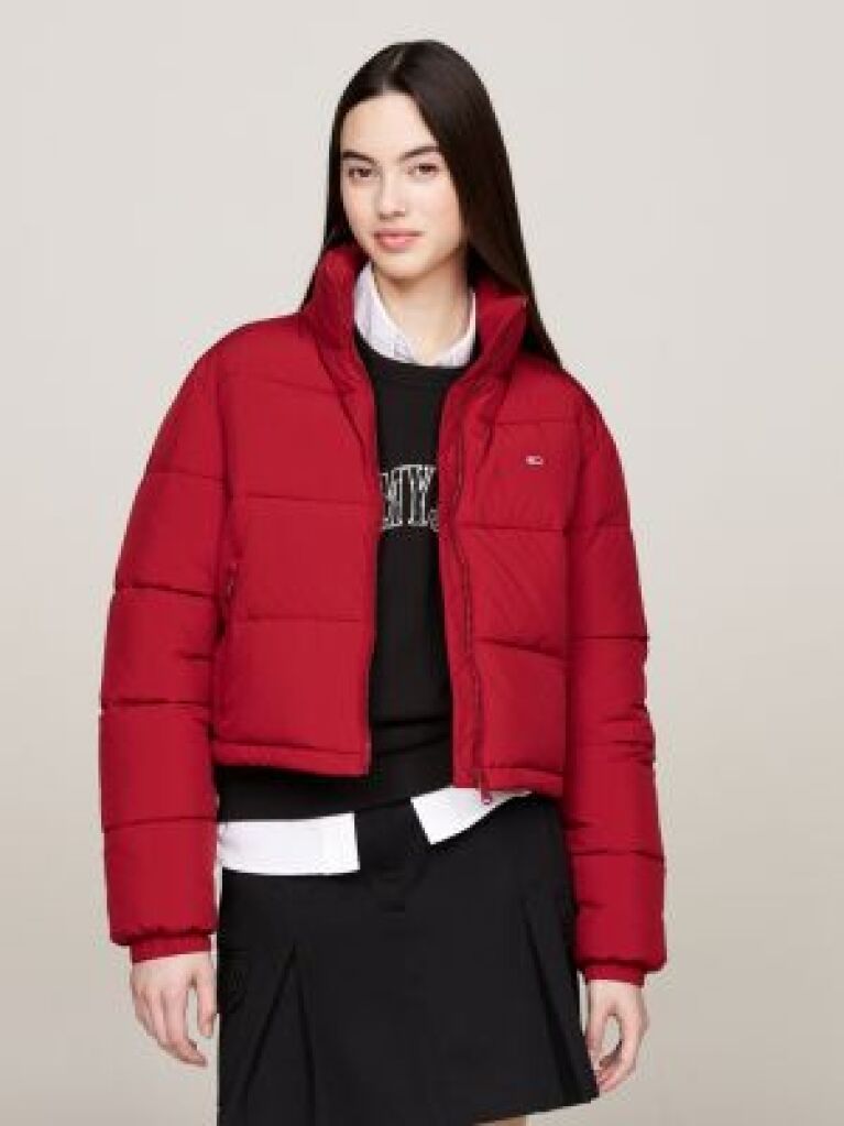 Red Zip-Thru Cropped Puffer Jacket  Women