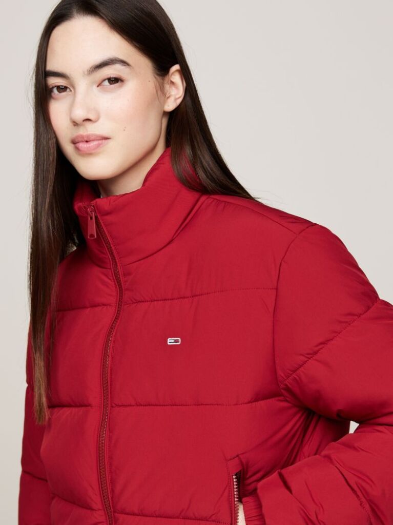 Red Zip-Thru Cropped Puffer Jacket  Women