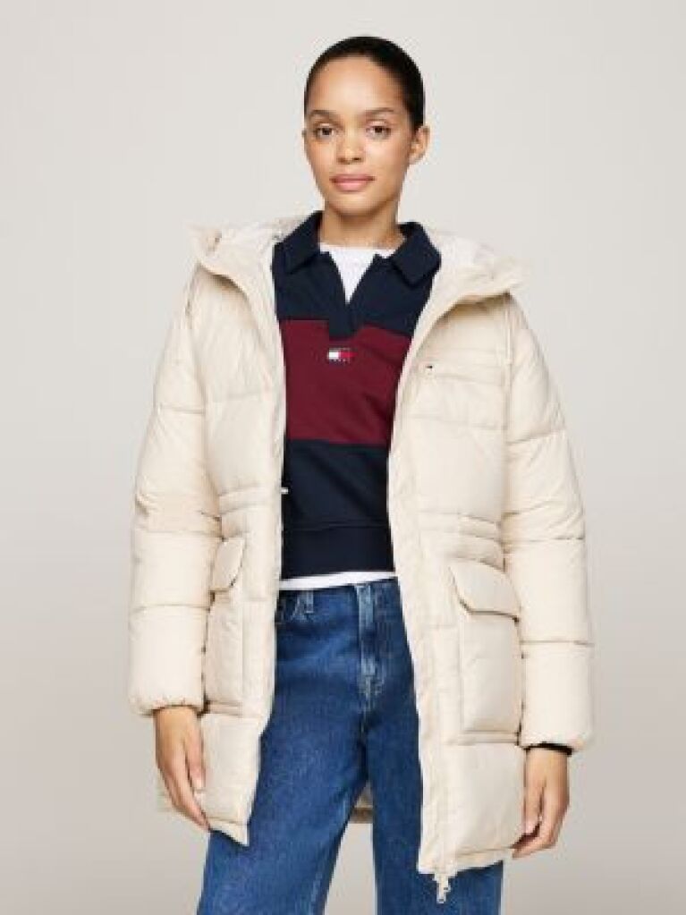 Beige Hooded Longline Puffer Jacket  Women