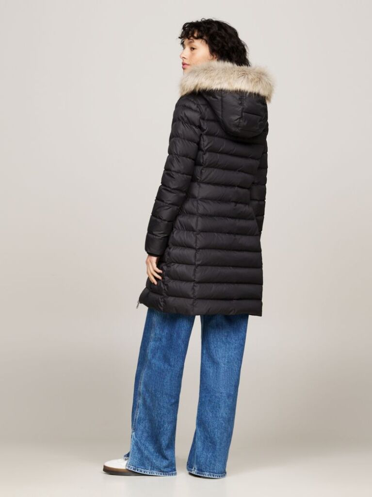 Black Faux Fur Trim Hooded Down Coat  Women