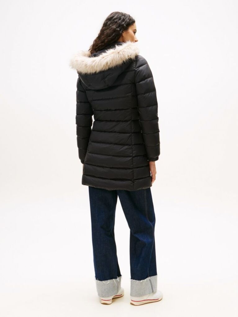 Black Faux Fur Trim Hooded Down Coat  Women