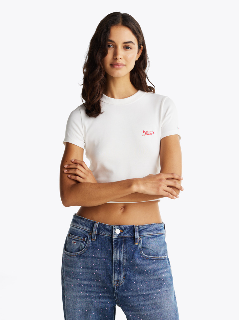 White Script Logo Cropped Slim T-Shirt  Women
