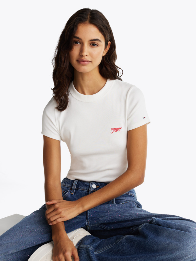 White Script Logo Cropped Slim T-Shirt  Women
