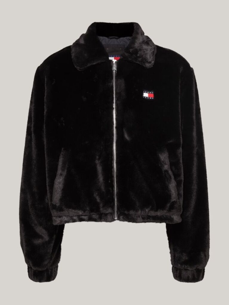 Black Faux Fur Zip-Thru Cropped Jacket  Women