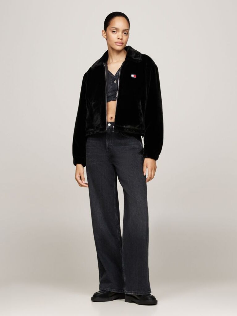 Black Faux Fur Zip-Thru Cropped Jacket  Women