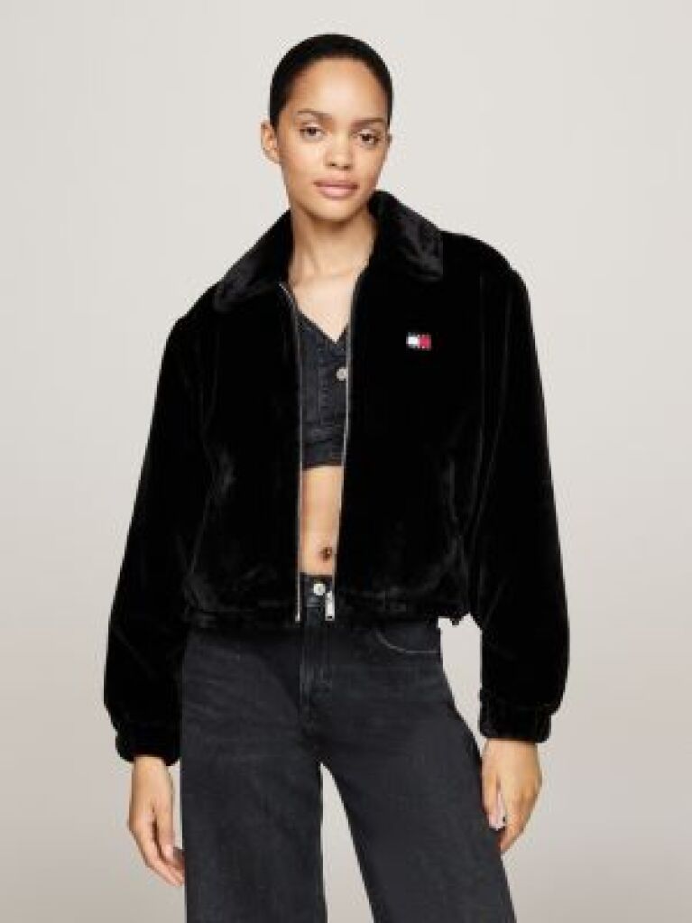 Black Faux Fur Zip-Thru Cropped Jacket  Women