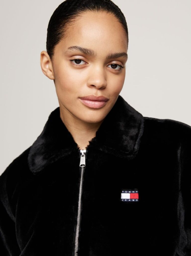 Black Faux Fur Zip-Thru Cropped Jacket  Women