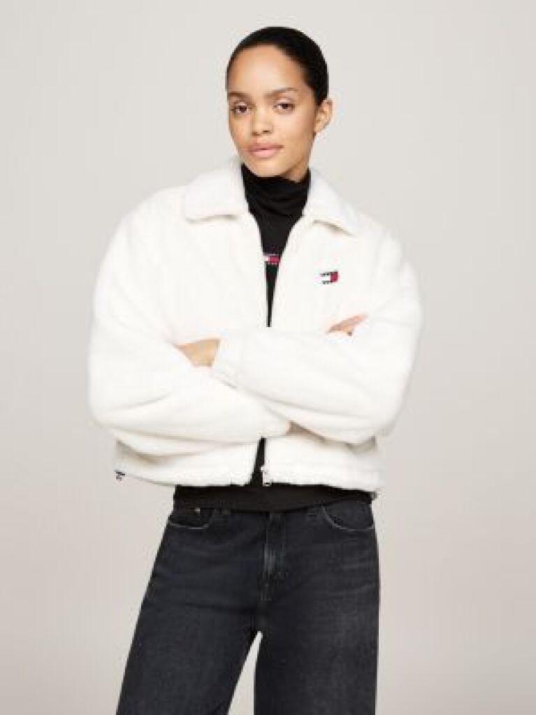 White Faux Fur Zip-Thru Cropped Jacket  Women