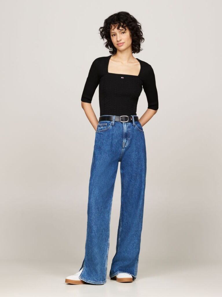 Black Square Neck Half Sleeve Slim Jumper  Women