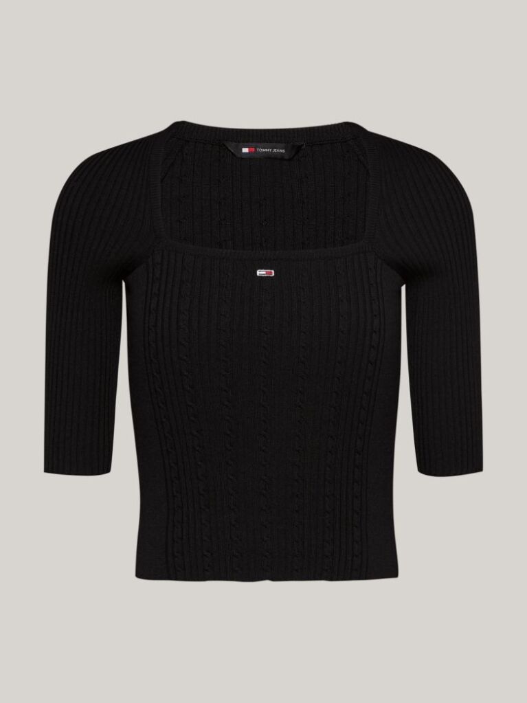 Black Square Neck Half Sleeve Slim Jumper  Women