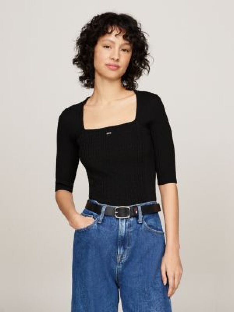 Black Square Neck Half Sleeve Slim Jumper  Women