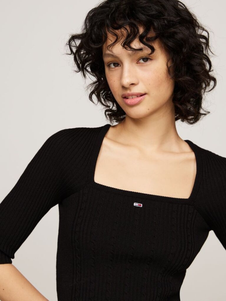 Black Square Neck Half Sleeve Slim Jumper  Women