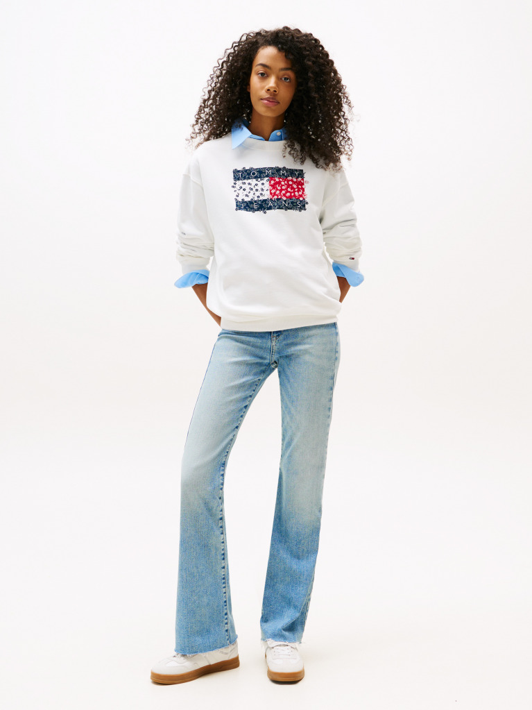 White Relaxed Floral Flag Crew  Women
