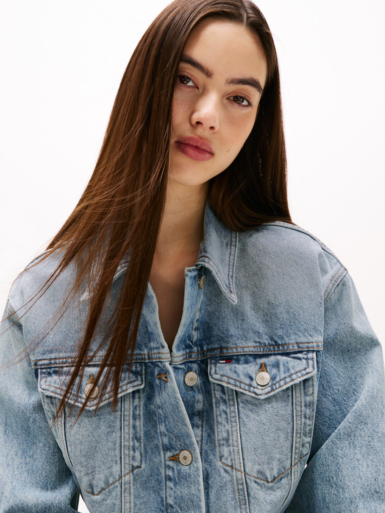 Denim Back Logo Oversized Cropped Denim Jacket  Women