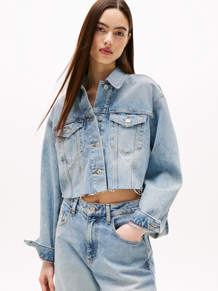 Denim Back Logo Oversized Cropped Denim Jacket  Women