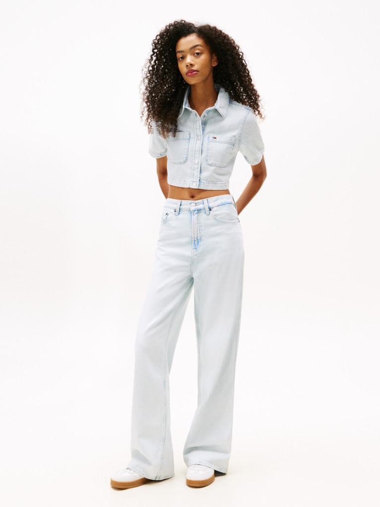 Denim Relaxed Cropped Short Sleeve Lightweight Denim Shirt  Women