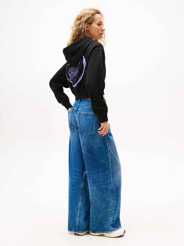 Black Relaxed Cropped Graphic Hoody  Women