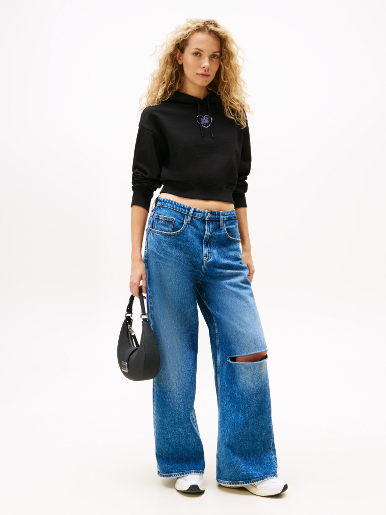 Black Relaxed Cropped Graphic Hoody  Women