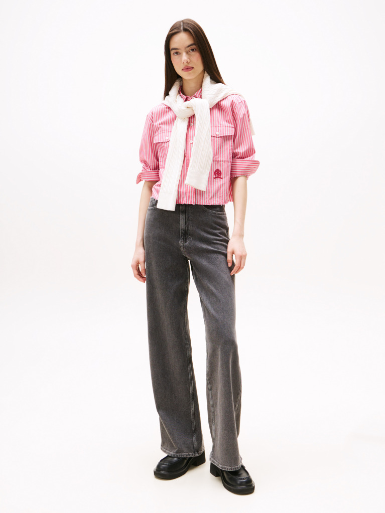 Multi Crest Embroidery Relaxed Fit Cropped Shirt  Women