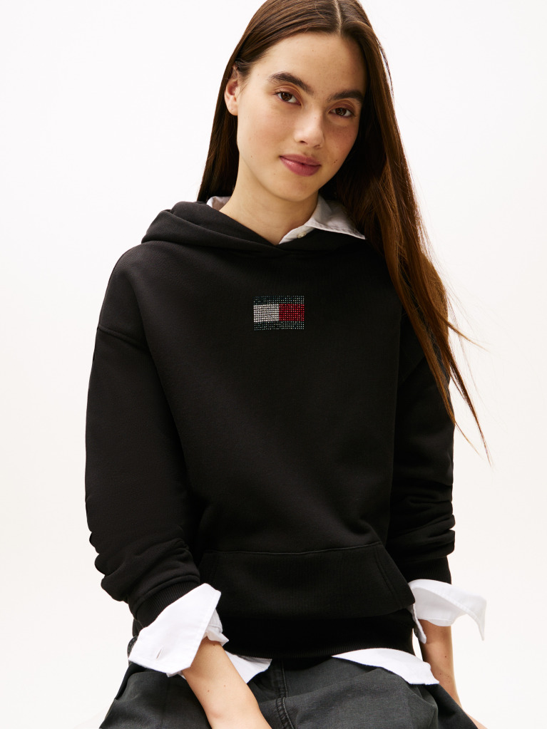 Black Diamanté Flag Relaxed Hoody  Women