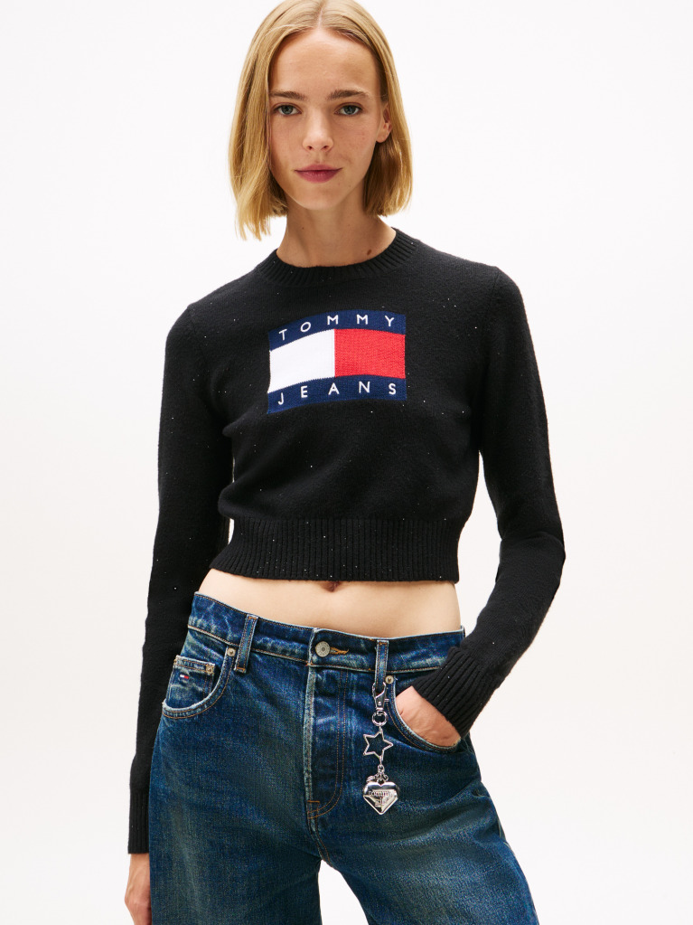 Black Tommy Flag Sequin Slim Jumper  Women