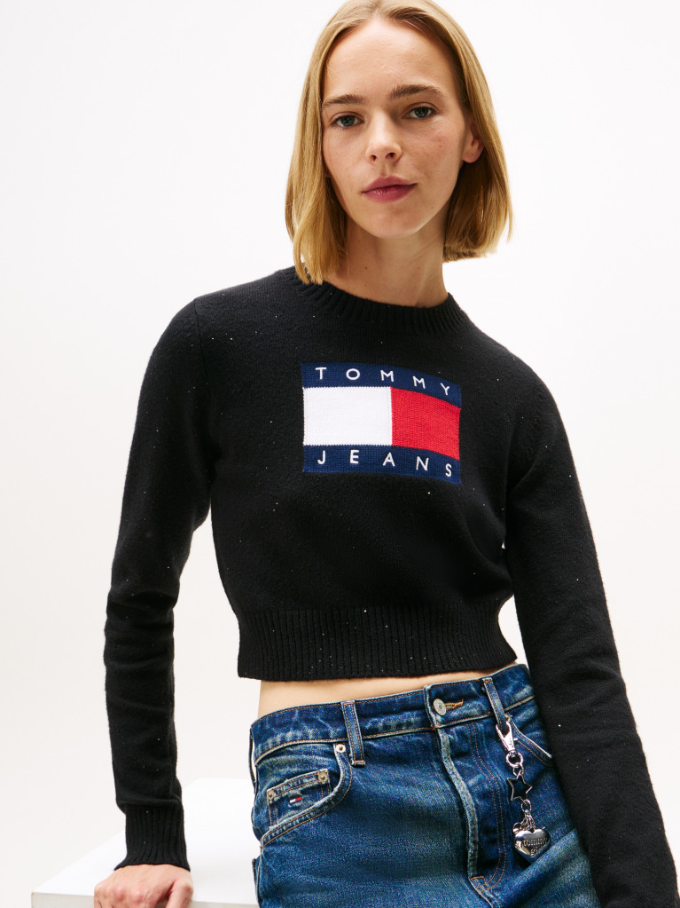 Black Tommy Flag Sequin Slim Jumper  Women