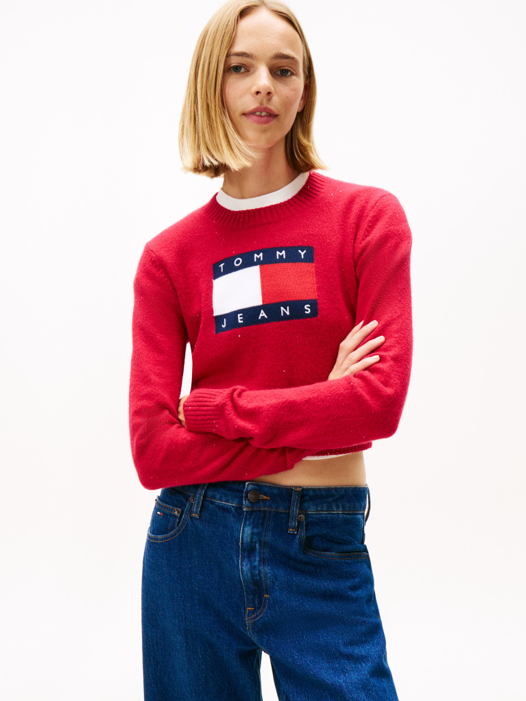 Red Tommy Flag Sequin Slim Jumper  Women