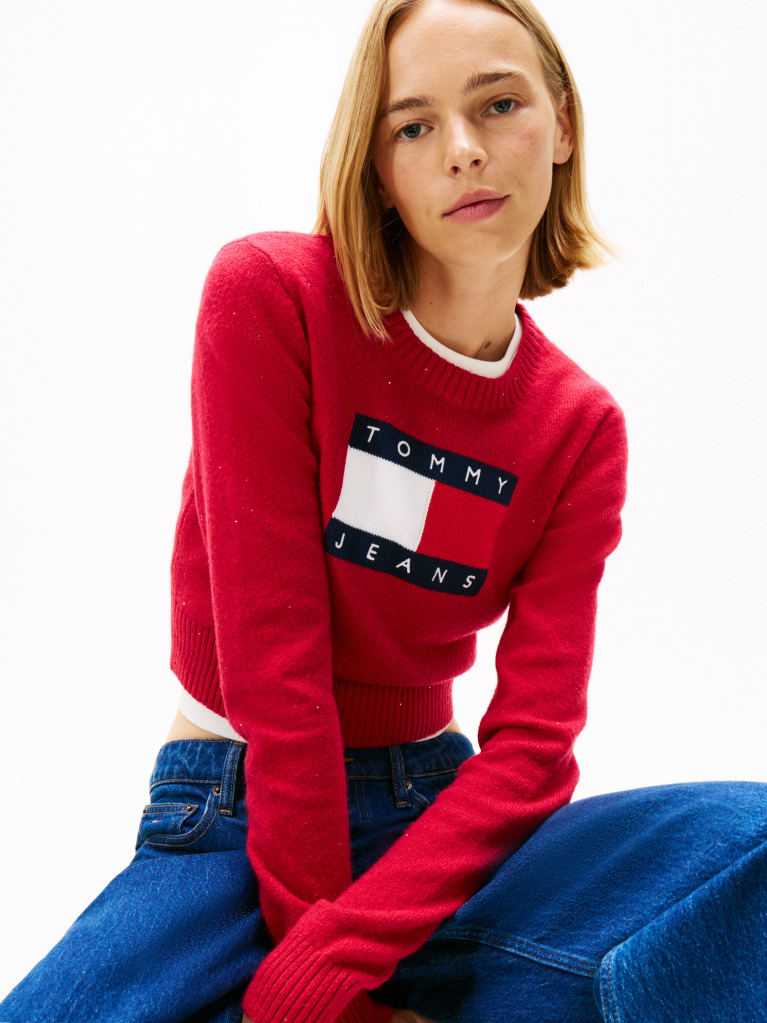 Red Tommy Flag Sequin Slim Jumper  Women