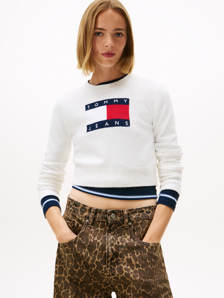 White Tommy Flag Sequin Slim Jumper  Women