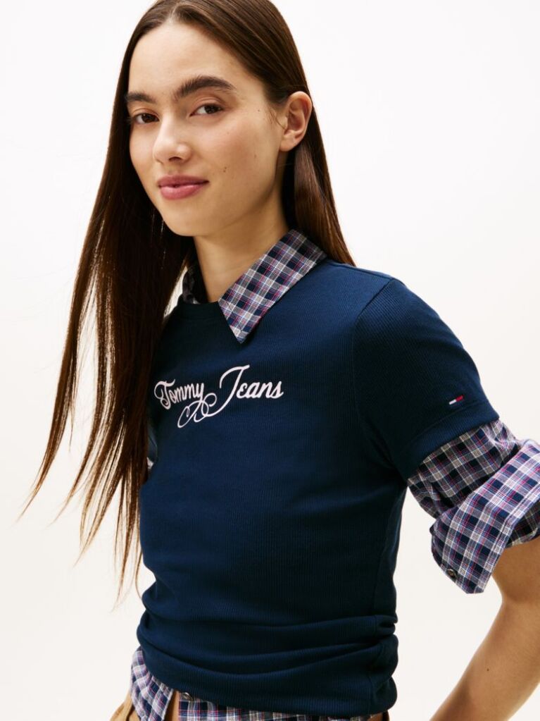 Blue Essential Slim Rib Logo T-Shirt  Women