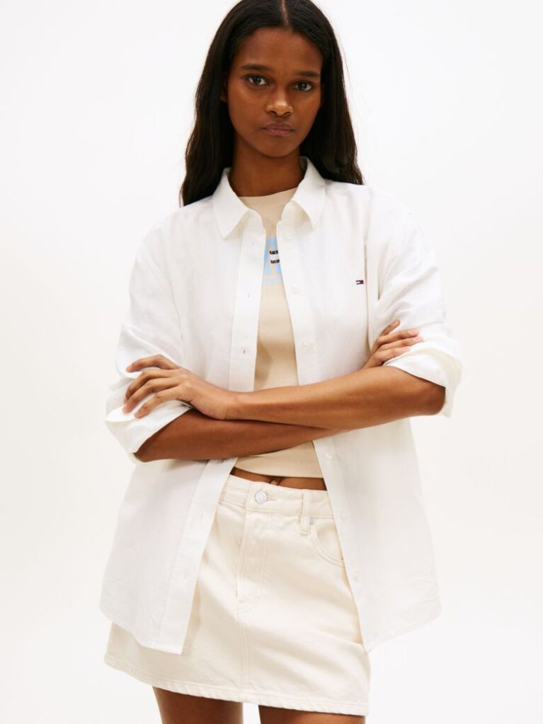 White Relaxed Fit Linen Blend Shirt  Women