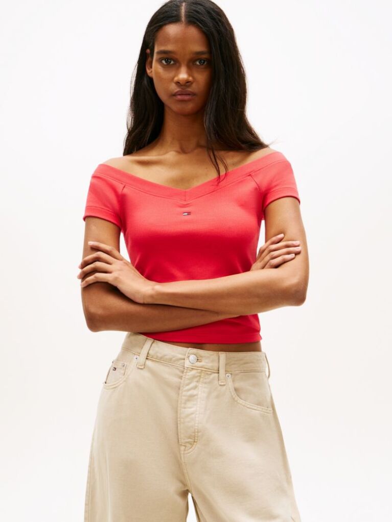 Red Off-The-Shoulder Ribbed Slim Top  Women