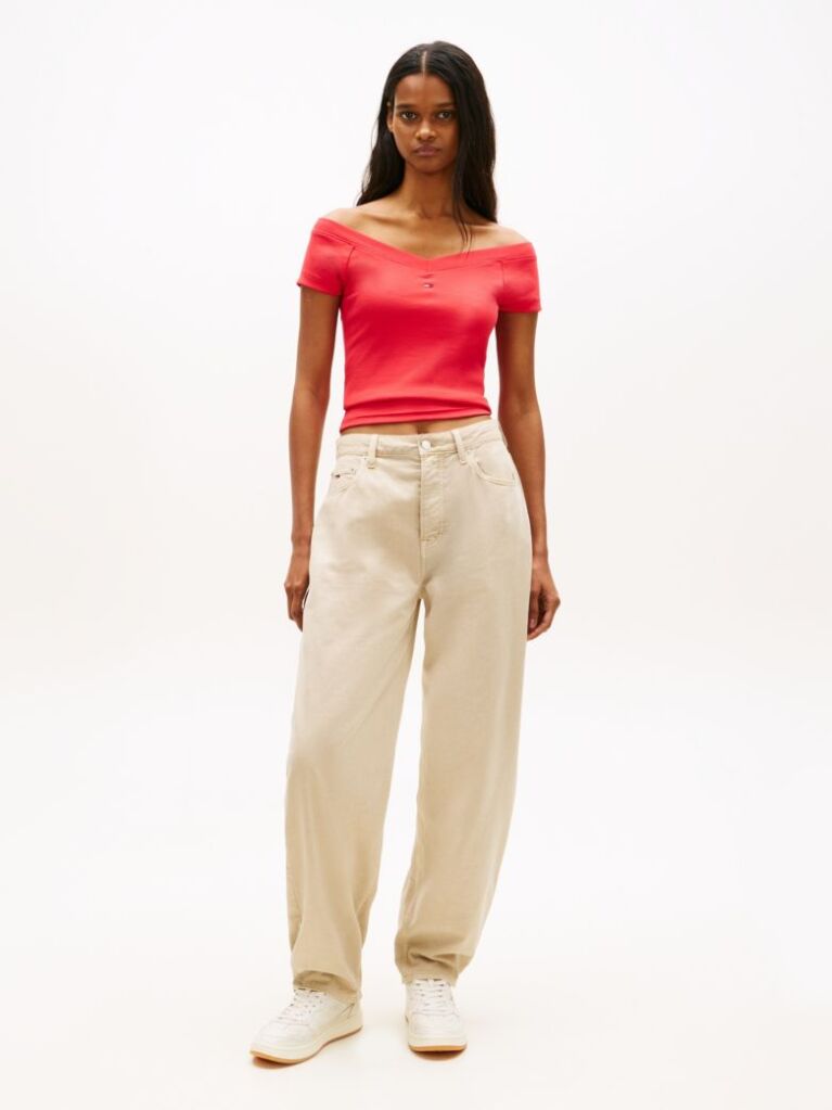 Red Off-The-Shoulder Ribbed Slim Top  Women